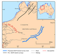 Figure 7.Location map for the planned Kidson�Paterson Seismic Line in north-western Australia. Length of the proposed line shown is 776 kilometres.