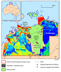 Figure 2. The Pine Creek AEM Survey regions in the Northern Territory of Australia showing selected uranium and mineral deposits associated with example EMflow 40-60 metres and EMflow 45-60 metres conductivity grids from the WoolnerRum Jungle and Kombolgie survey areas respectively. Cool colours indicate resistive areas while warm colours indicate conductive zones. 
