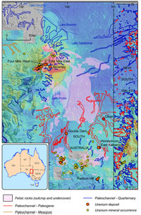 Figure 1. Distribution of paleochannels and paleovalleys in the Lake Frome region. The data for South Australia are after Hou et al (2007). Paleochannels in New South Wales  are defined roughly on the basis of the distribution of Cenozoic sediments in the 1:1 million scale Surface Geology of Australia map.