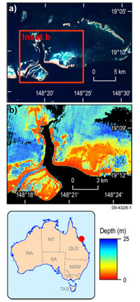 Fig 1.Bathymetry around Dingo Reef No. 1, Great Barrier Reef, derived from ALOS AVNIR-2 data.