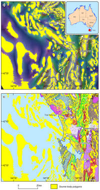 Fig 4. Strahan Sub-basin, western Tasmania: a) source body polygons from analytic signal phase on the analytic signal map; b) source-body polygons on the Tasmania 1:250 000 scale geology map.