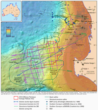 Fig 2. Location of seismic lines, wells and dredge sampling sites in the Mentelle Basin region.