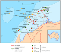 Fig 4. Oil and gas accumulations, production infrastructure and pipelines in the Northern Carnarvon Basin.