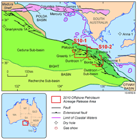 Fig 6. Structural elements of the eastern Bight Basin showing 2010 Release Areas and wells drilled.