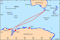 Figure 2. Map showing the location of Davis and Mawson in relation to Australia and the track of the RSV Aurora Australis during Voyage 3, 200910..