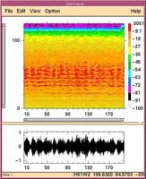 Part of spectrogram of a ship recorded at HA01. The signal intensity lies between 30 Hz and 70 Hz, and has a rhythmic pattern.