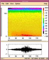Spectrogram of the T-phase from the Ml 5.2 Burakin (WA) earthquake recorded at HA01. The signal has an emergent start, has a spindle-shaped envelope, and all energy is below 30 Hz with highest intensities between 1 Hz and 10 Hz.