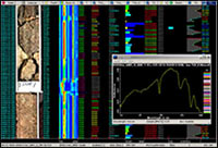 An example of the HyLogger&trade; processing display screen showing the high resolution linescan image of the core and a linear representation of the spectra for each sample as well as various selected spectral and mineralogical scalars.