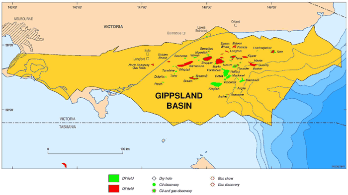  Map showing the location of fields on the Gippsland Basin Margin. 