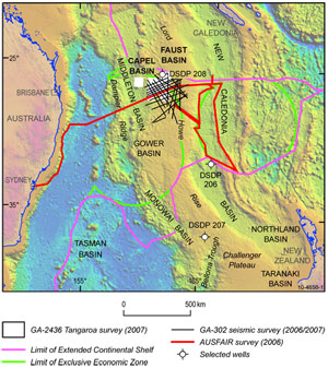 Figure 1.  Location of the Capel and Faust basins, recent Geoscience Australia data acquisition surveys, DSDP drill holes and maritime boundaries.