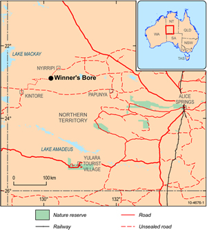 Fig 1. Location of Winner's Bore, and the route of the Kintore to Nyirripi back-road. The areas marked in green define national parks.