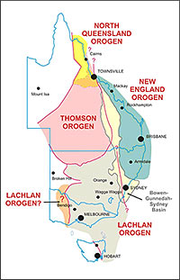 Location map showing the distribution of eastern Australian orogens. Orogen names follow Glen (2005). Orogen boundaries from Glen (2005), VandenBerg et al. (2000), Seymour and Calver (1995), Bain and Draper (1997), and unpublished GA-GSQ Nd isotope data for the eastern Thomson Orogen. The Thomson Orogen boundary has been extended to the north to include the Cape River and Barnard Provinces of Bain and Draper (1997). The Cape River Province is also included in the North Queensland Orogen, given its uncertain parentage. The Bowen-Gunnedah-Sydney Basin outline is from Geoscience Australia's 'Basins' national data set. The boundary of the Lachlan and Delamerian orogens is problematical and is either the western margin of the Bendigo or the Stawell zones (see Glen, 2005). We show it as a transitional zone.