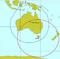 Satellite reception areas of Australia and the surrounding regions