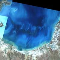 Click to see larger image of Landsat 7 satellite image of the Gulf of Carpentaria (from the Y2000 Mosaic) showing suspended sediment