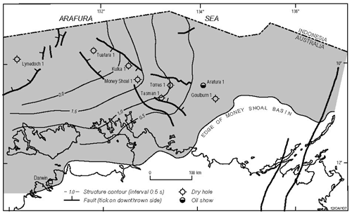 Location diagram of the Money Shoal Basin showing structual elements and wells