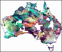 The ternary radiometric image of the Radiometric Map of Australia which shows relative concentrations of the radioelements potassium, thorium and &nbsp;uranium for the whole of Australia.