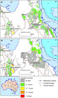 Average uranium content of igneous rocks from northern Queensland. The average uranium content of rocks occurring at the surface (top image) and in units extracted from solid geology (bottom image) are shown