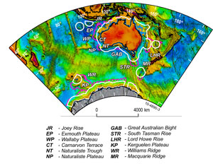 Fig 3.	Australia's marine jurisdiction and associated seafloor morphology. This image indicates the form of the submarine features that lie within the jurisdiction.