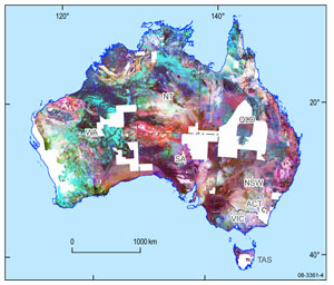 Fig 4.  The Radiometric Map of Australia, released in early 2009, provides new insights into uranium prospectivity. The database is derived from levelled and merged composite potassium (red), uranium (blue), and thorium (green) grids. It will directly assist energy, geothermal and mineral resources mapping as well as assist environmental mapping.