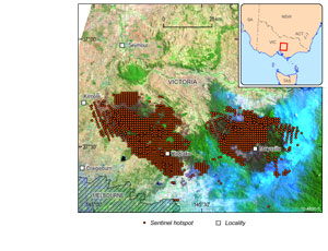  Fig 7.  The Sentinel system used satellites with thermal infra-red sensors to detect hotspots which indicate bushfires. This image depicts hotspots as red square dots overlaid on a satellite image of the Kingslake and Marysville fires in Victoria on 17 February 2009.