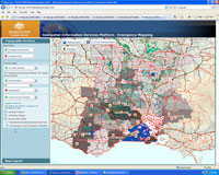 Fig 2.	An example of emergency mapping showing flooding in central Victoria. Fundamental spatial data is overlain with maps showing the extent of flooded areas, location of health care facilities and information on affected residential dwellings by local government area. 