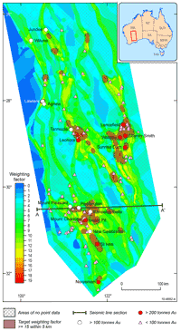 Figure 1.Map of the gold prospectivity of the eastern Yilgarn Craton overlain with known deposit locations (after Czarnota and others, 2010). The map has successfully predicted most of the known major gold deposits and is a positive test of the mineral systems understanding. High weighting factor areas (yellow to red colours) are most prospective for gold mineralisation.