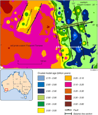 Figure 2. Crustal (model) age map of the Yilgarn Craton measured from samarium and neodymium isotopes in granites. The values are given in billions of years (or Ga), and are calculated as a two-stage depleted mantle isochron (after Cassidy & Champion 2004).
