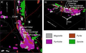 Fig 5.   3D distribution of alteration for all lithologies in the Cobar region, viewed from a) above and b) the same perspective as for figure 4. Areas shown in black indicate that the geological units show normal host rock physical properties.