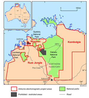 Fig 1. The Pine Creek airborne electromagnetic survey locations showing the Kombolgie, Woolner and Rum Jungle areas.
