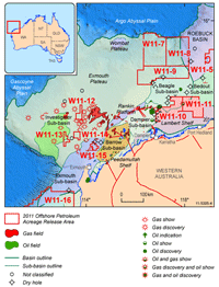 Fig 4. Tectonic elements of the Northern Carnarvon Basin and adjacent basins showing the 2011 Release Areas, oil and gas accumulations and selected wells.