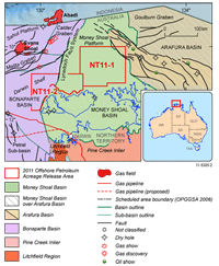 Fig 2.	Tectonic elements map of the Money Shoal Basin showing location of the 2011 Release Areas and petroleum accumulations.