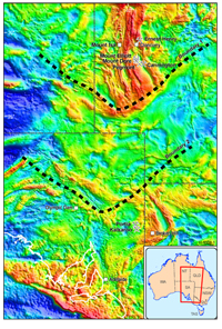 Fig 2a. Bouguer gravity image showing the proposed boundaries (broken black lines) between the Mt Isa Province and the Broken Hill Block (Boundary 2), and the co-joined Curnamona Province and Gawler Craton. The locations of major towns are shown as white squares and the mine symbol denotes mines.