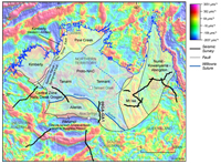 Fig 4. Gravity image showing the location of the Georgina-Arunta survey (09GA-GA1) and Tanami survey (05GA-T1) and the interpreted location of the Willowra Suture.