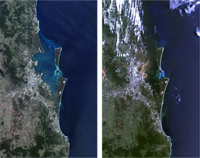Fig 1. Landsat 5 true-colour images of Brisbane before and after the January floods. The image on the left was acquired on 19 October 2010 and shows the typical conditions around Brisbane before the floods. Urban areas appear light grey while vegetation appears green and dry areas such as farmlands appear brownish. The image on the right was acquired on 17 January 2011 and shows the conditions as flood waters receded. The flood waters appear as dirty brown while clear water is dark blue.