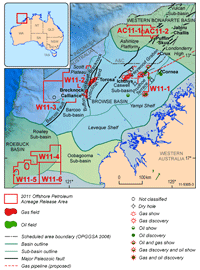 Fig 3. Tectonic elements map of the Browse Basin region showing location of the 2011 Release Areas and petroleum accumulations.