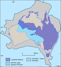 Fig 4. Two views of linear extensional belts across Australia. The pale blue zone is the extent of the around 825 million years Gairdner Large Igneous Province (Claoué-Long and Hoatson 2009). The darker blue zone is the Ordovician maximum development of the Larapinta Seaway mapped from marine sediments across Australia (Cook and Totterdell 1991).