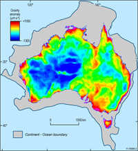 Fig 3. Bouguer gravity anomaly map of Australia, with data upwardly continued to 25 kilometres.  The cool and warm colours, respectively, denote lower and higher density crustal rocks.
