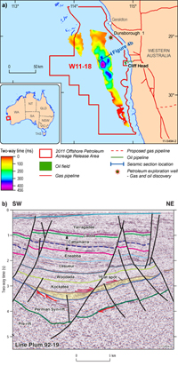 Fig 4a. The thickness and spatial distribution of a potential, large upper Permian stratigraphic play identified within Release Area W11-18. Fig 4b. Portion of seismic line Plum92-19, in the Abrolhos Sub-basin, displaying a thick basinal succession of high amplitude continuous reflectivity interpreted as a potential reservoir. Hydrocarbons may have been preserved within this unit, when structural accumulations were breached through tectonic reactivation.