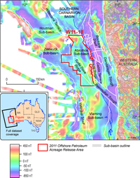 Fig 3.	The levelled and merged, reduced-to-pole magnetic dataset for the northern Perth Basin and adjacent onshore areas overlain by structural elements of the offshore northern Perth Basin and the Release Area W11-18.