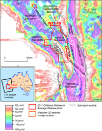 Fig 2. The levelled and merged gravity dataset for the northern Perth Basin and adjacent onshore areas overlain by structural elements of the offshore northern Perth Basin and the Release Area W11-18.