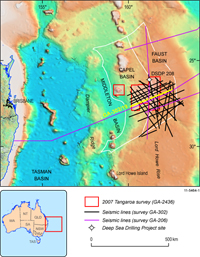 Fig 1.	The location of data acquisition by Geoscience Australia in the Capel and Faust basins with Deep Sea Drilling Project holes on a bathymetric image (Colwell et al 2010). Seismic line GA-302/19 is highlighted in yellow.