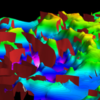 Fig 3. 3D basement architecture and faults (in red) of the Capel and Faust study area. The purple and blue colours delineate the base of the depocentres which have been filled with sediments. The green, yellow and orange colours represent the basement highs which border the depocentres.