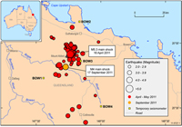 Fig 1. The April 2011 (magnitude 5.3) and September 2011 (magnitude 4.0) earthquakes both occurred near Mount Abbot, west of Bowen. This diagram also shows the location of aftershocks that followed the main shock on 16 April as recorded on temporary seismometers. These temporary recording sites (BOW1-BOW4) are shown in yellow.