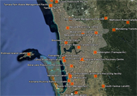 Location of waste transfer stations, landfill sites and recycling facilities around Perth in Western Australia. Image Google Earth.