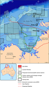 Fig 1. Map of the study area showing petroleum industry and marine research activity. Geoscience Australia Survey areas are indicated by the letters A, B, C, D.