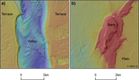 Fig 2.  High-resolution false colour bathymetry showing: a) terraces and a valley in Survey Area A; b) a plain and bank (Moss shoal)in survey Area B.