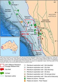 Fig 1.  Location map showing palaeo-oil distribution in the offshore northern Perth Basin (modified from Kempton et al 2011). The red outline shows 2011 Acreage Release Area W11-18.