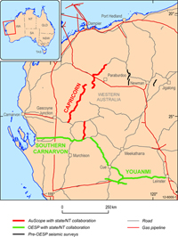 Fig 1. Location map showing the Capricorn Seismic Survey (in red) and the Youanmi Seismic Survey (in green) which were acquired in 2010. The Southern Capricorn Basin Seismic Survey (in blue) was acquired in May 2011.