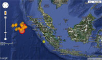 Image showing two large earthquakes and multiple aftershocks off the coast of Indonesia. Copyright Geoscience Australia.