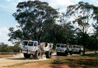 Hemi60 Vibroseis vibrator trucks undertaking a seismic transect. Copyright Geoscience Australia.